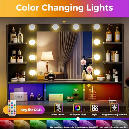 Image of LUCKRACER Vanity Desk with LED Lights Mirror & Charging Station, Black Makeup Vanity with Storage Drawers and Shelves, Modern Dressing Table for Women Girls Bedroom, Black