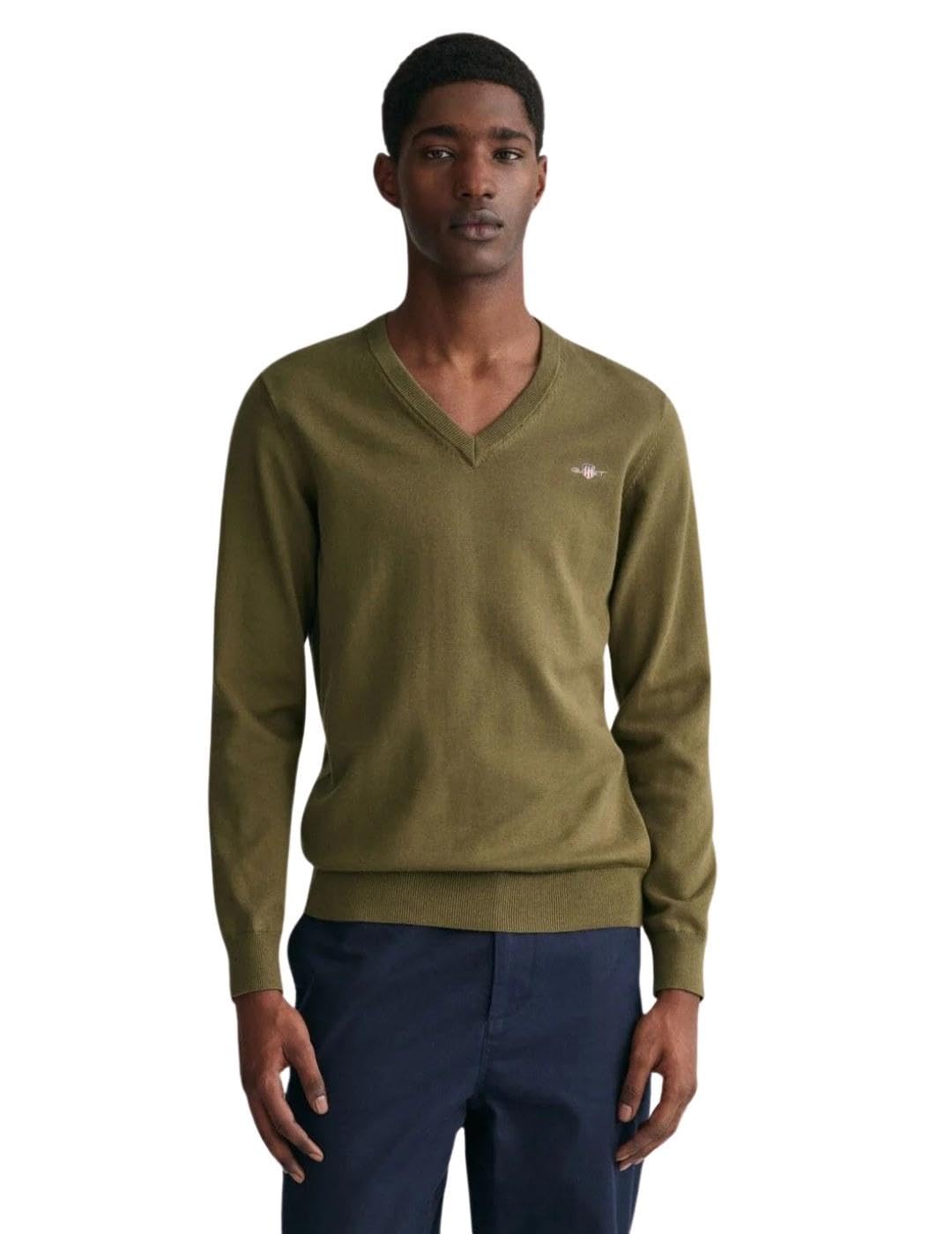 GANT Men's Classic Cotton V-Neck Pullover, Juniper Green, L