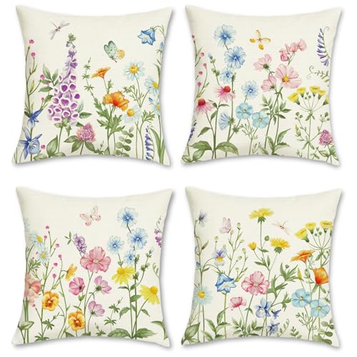 Bonhause Spring Floral Cushion Covers 45 x 45 cm Colorful Flowers Leaves Decorative Throw Pillow Covers for Sofa Couch Bed Home Outdoor Garden Decor Set of 4