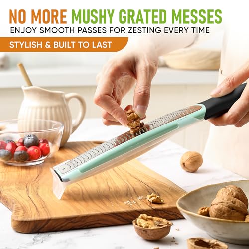 Image of Spring Chef Premium Lemon Zester Grater with Handle - Fruit, Lime, Orange, Nutmeg, Garlic Grater - Heavy Duty Kitchen Tool - Stainless Steel Citrus Zester with Blade Cover - Fine Shred - Mint /Black