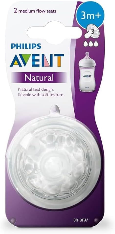 Philips Avent Natural Teat, 3 Months+, Medium Flow, Anti-Colic, Pack of 2 - SCF043/27 2 2 Count (Pack of 1)