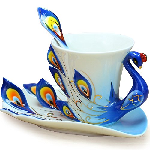 DUSIEC Collectable Fine Arts China Porcelain Tea Cup and Saucer Coffee Cup Peacock Theme Romantic Creative Present (Blue)