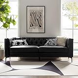 HULALA HOME 84' W Faux Leather Sofa Couch with Metal Legs, Button-Tufted 3-Seater Sofa, Mid Century Modern Contemporary Upholstered Couch for Living Room, Apartment, Charcoal