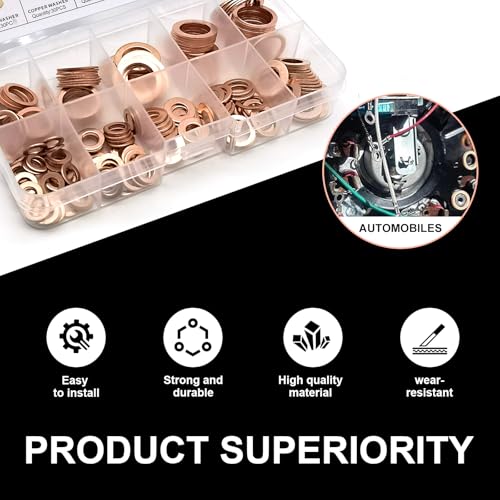 Image of Shakas Pack-200 Car Copper Metric Gasket Combination Set, Oil Pan Plug Sealing Gaskets, M5 M6 M8 M10 M12 M14 9 Specifications Flat Crushed Gasket with Storage Box, Universal for Most Cars (Gold)