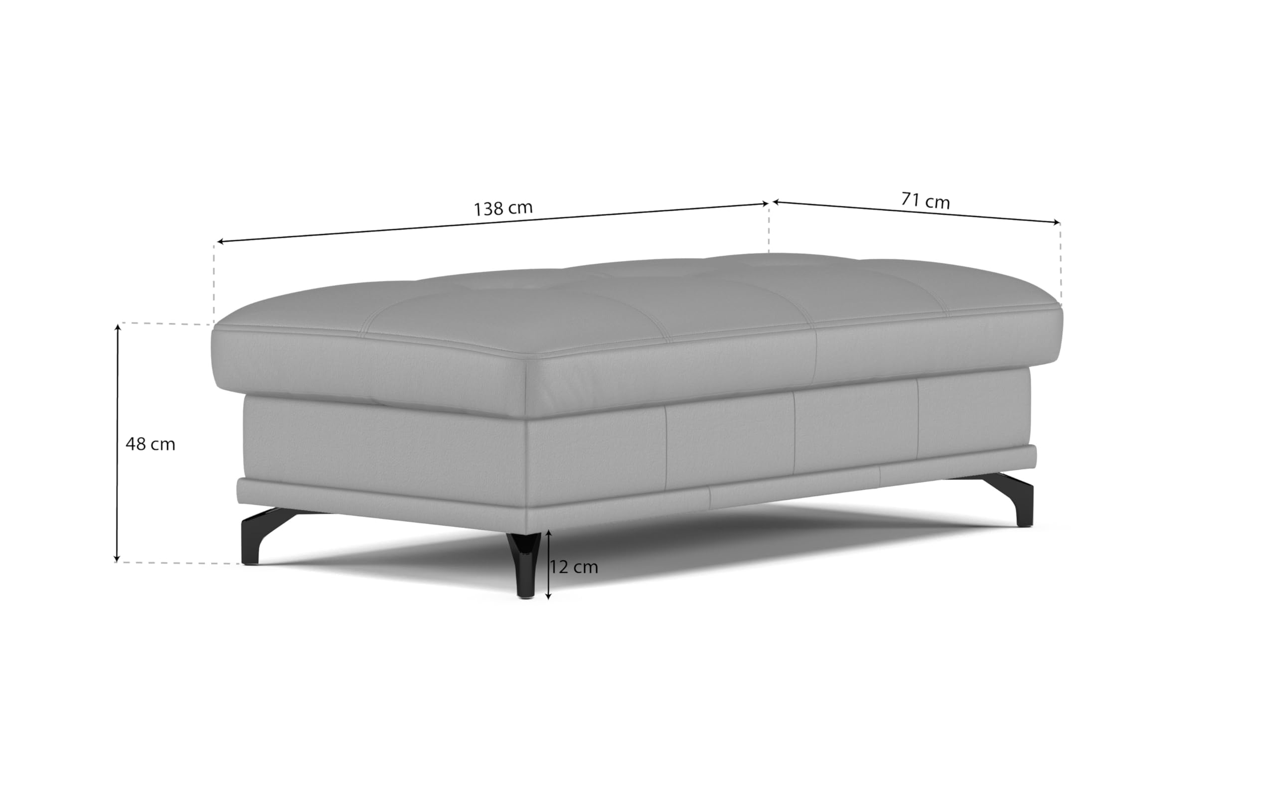Cavadore Hocker Castiel / Polsterhocker mit mattschwarzen Metallfüßen, ideal als Beistellhocker, Fußablage, Sitzgelegenheit / 138 x 48 x 71 / Echtleder, Schwarz