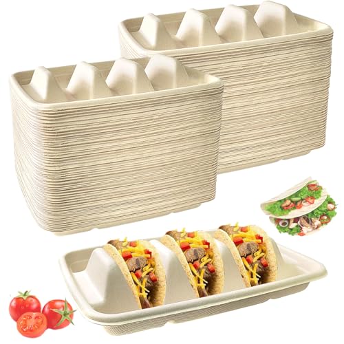 100PCS Disposable Taco Holders for Party, Pulp Fiber Plates with 3 Dividers, Lazy Susan Taco Bar