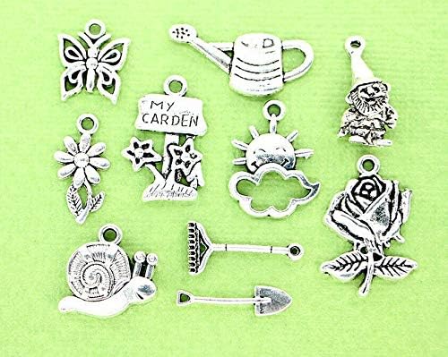 Colección de dijes de jardinería en tono plateado antiguo, 10 dijes diferentes, dijes para hacer collares, pulseras y joyas, Metal, Metal
