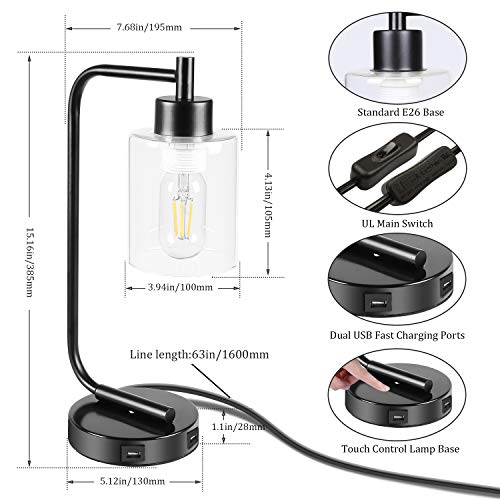 Innqoo Touch Control Table Lamp, 3 Way Dimmable Industrial Table Lamp with USB Charging Ports, Modern Nightstand Lamp, Metal Bedside Lamp for Living Room, Bedroom, Dorm (T45 Vintage Bulb Included)