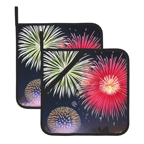 Splendid Fireworks - Juego de 2 soportes cuadrados de silicona resistentes al calor para platos calientes, guantes de horno de cocina con lazo para colgar