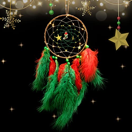 TEESHLY Christmas Dream Catcher with Lights Handmade Dreamcatcher with Red and Green Feather for Wall Hanging and Home Decoration