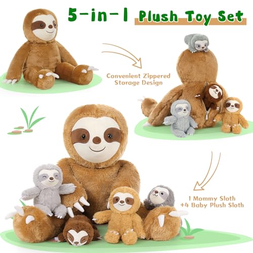MorisMos 5 stücke Faultier Kuscheltier XXL Set, 56cm riesen Faultier Kuscheltier mit 4 Babys im Bauch, groß Plüschtier Stofftier Puppe, Slothteddy Geschenk für Babys Mädchen