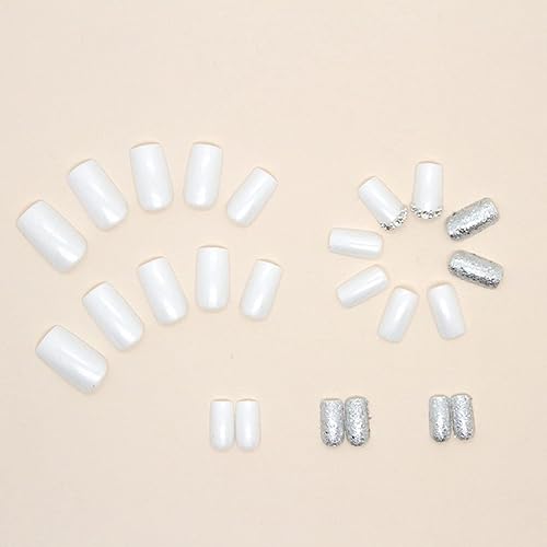 Miniatura 5 de 24 uñas postizas cuadradas cortas a presión, con purpurina plateada con diamantes de imitación, diseño exquisito blanco brillante, pegamento en uñas