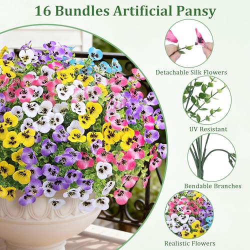 Image of Bassion 16 Bundles Artificial Pansy Flowers for Outdoors Decor, Colorful