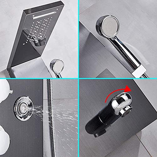 Panel de ducha LED con 5 funciones, pantalla digital de temperatura, cabezal de ducha lluvia y cascada, duchador de mano y boquillas de masaje corporal miniatura 4