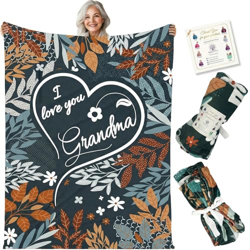 Grandma Gifts - I Love You Blanket for Grandmother, Soft Fleece Throw 65"x50" with Flowers Design, Mothers Day Birthday Gift from Grandchildren, Cozy Nana Throw Blanket