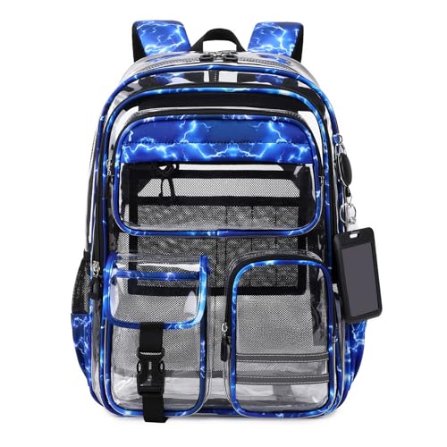 QIXIHU Clear Backpack for School Transparent Backpack Stadium Events Heavy Duty Clear Bookbag for Girls Boys Work Sport Blue Lightning