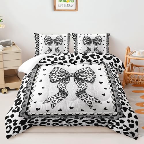 Image of AILONEN Coquette Leopard Comforter Queen 3-Piece Fashion Bow Bedding Brushed Microfiber Quilted Duvet Alternative Master Bedroom Decor Stylish Lace Pearl Print Quilt 2 Cases