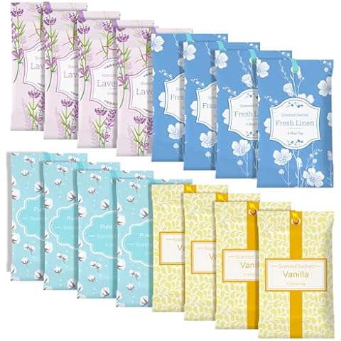 SCENTORINI Sachets for Drawers and Closets, Sachets Bags Long-Lasting, 16 Pack,Wardrobes, Lavender Linen Vanilla Cotton, Home Fragrance Sachet for Closet, Drawer, Wardrobe Cover