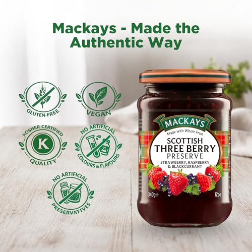 Image of Mackays Scottish Three Berry Preserve 340g | Strawberry, Raspberry & Blackcurrant | Made with Whole Fruit | Traditional Copper Pan Cooked | Vegan | Imported from Scotland