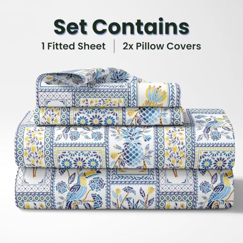 Image of LORETO - A QUALITY LINEN BRAND 144 TC 100% Pure Cotton King Size Fitted Bedsheet with 2 Pillow Covers for 72 x 72 Inch Mattress, All-Around Elastic, 8 Inch Deep Pocket, Royal Parrot Flora Print - Blue