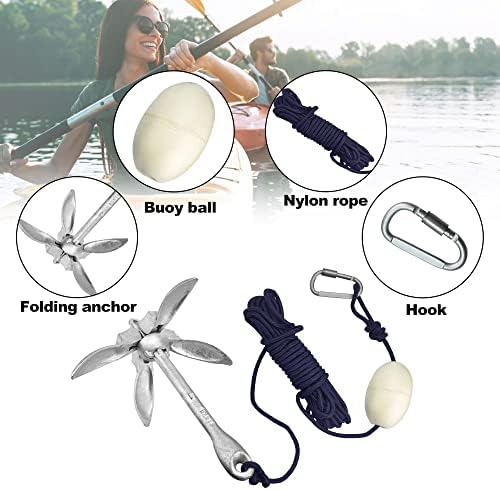BUZIFU Kayak Anchor kit 3.3lb Folding Grapnel Anchor Kit Small Boat Anchor Carbon Steel Complete Kayaking Paddle Board Anchoring Kit with 39ft Marine Rope for Fishing Kayaks,Canoe,Jet Ski, PWC