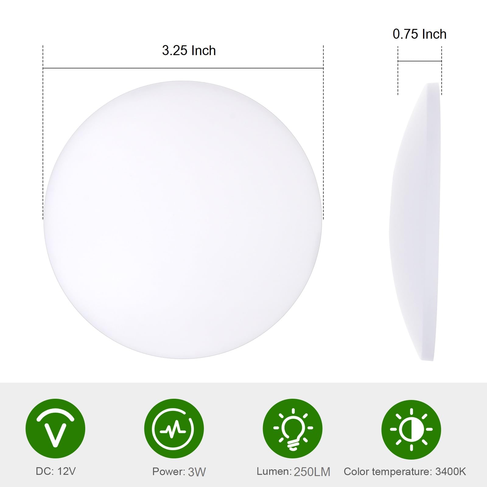 Risestar Oświetlenie szafkowe 8,9 cm - 12 V LED, ultra cienkie lampy sufitowe do lamp RV, świateł przyczep, świateł do łodzi, ciepła biel, 3000-3500 K, ściemnialne światła na werandę (6 sztuk)