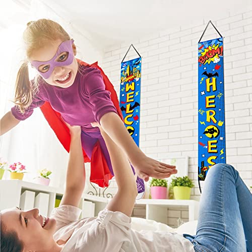 Chinco Hero Decorations Hero Backdrop Hero Porch Sign Banners Welcome Hanging Hero Super Decoration for Super Fun Hero Party Wall Decoration Door Action Door Sign (Blue Hero)