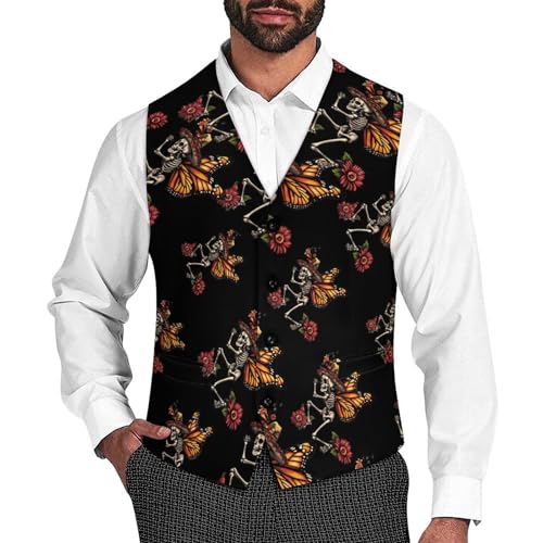 Day of The Dead Skull Skeleton Monarch Butterfly Men's Suit Vest Slim Fit Business Dress Party Pattern Waistcoat Vest Top