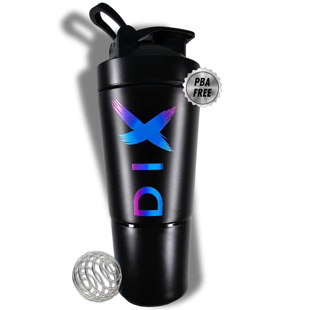 DIX SHAKER proteine 750 ml ✗ In acciaio inossidabile con scomparto da 60 grammi per polveri ✗ Bottiglia sportiva ✗ Senza BPA - (NOIR)