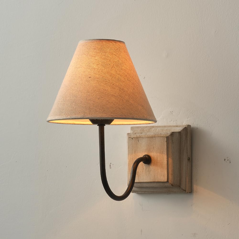 RXPVUXE Retro Wall Light Fixture Antique White Wood Wall Sconce with Fabric Shade, E14 Farmhouse Hardwired Wall Lamp for Bedroom Bedside, Vintage Wooden Home Decor Wall Lighting Fixture