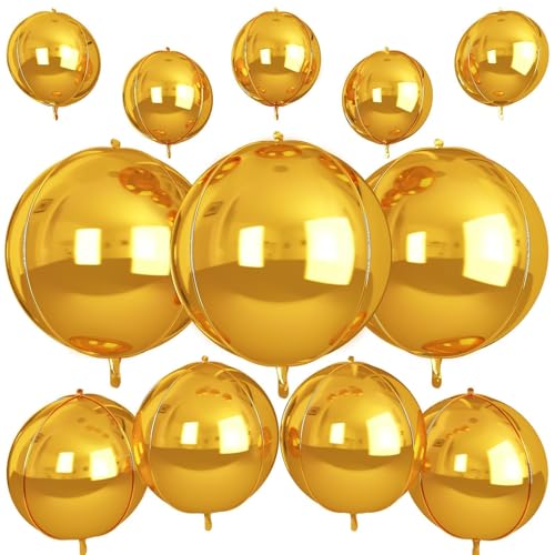 12Pcs Gold Round Foil Balloons, 22 15 10 4D Ball Balloons, Metallic Gold Foil Balloon for Birthday Graduation Wedding Anniversary New Year Eve Disco Party Backdrop Decorations