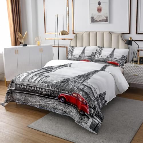 Loussiesd Paris Stadt 3D Drucken Tagesdecke Eiffelturm Bettüberwurf Microfaser Grau Modern City Landschaft Steppdecke mit 1 Kissenbezug 170x210cm für Jungen Mädchen Kinder