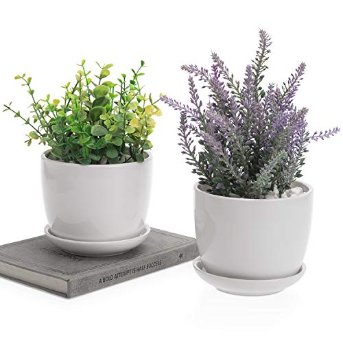 MyGift 4-Inch White Ceramic Plant Pot - Small Garden Succulent Indoor Planter Pots with Drainage Hole and Removable Saucers, Set of 2