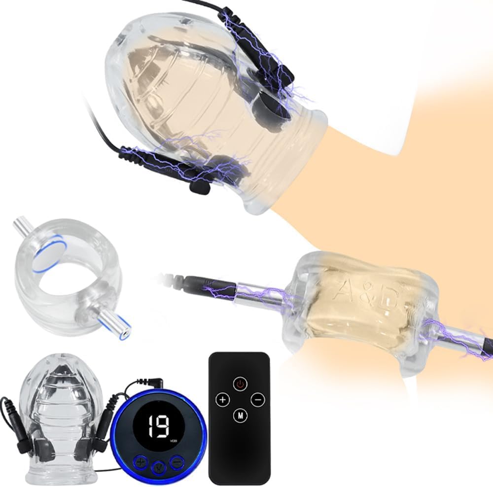 Electric Shock Chastity Cage Silicone Sleeve, Men Scrotum E-stim Ring Penis Trainer Bondage Set, Cock Cage Remote Vibration Long-Lasting Endurance Testicles Stimulation Sex Toys for Men Couple