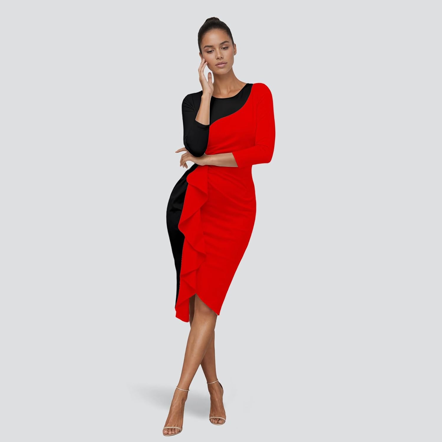 Women's Ruffle Wear to Work Dress, Long Sleeve Crew Neck Colorblock Sheath Bodycon Midi Dresses - Image 4