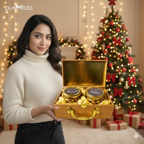 Image of Purevida Premium Dry Fruits Gift Box | Almonds 150g & Cashews 150g | Luxury Beige Wooden Gift Box with Golden Handle | Healthy Christmas & New Year Gift Hamper