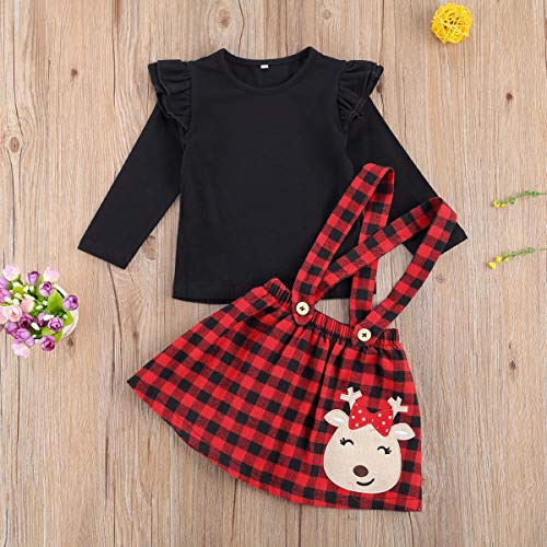 Kids Toddler Baby Girl Christmas Outfit Ruffled Long Sleeve T-Shirt Top Deer Plaid Sunspender Skirt Clothes Set (Black+Plaid, 4-5T) #TOP3