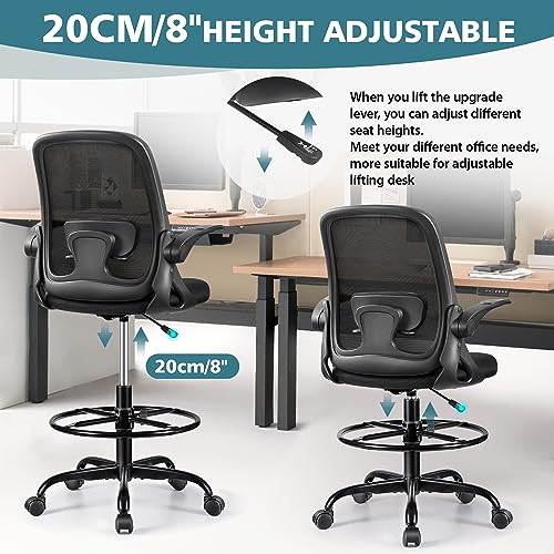 Winrise Drafting Chair Tall Office Chair Ergonomic Desk Chairs With Lumbar Support And Flip-Up Armrests, Adjustable Height Comfy Computer Chair With Swivel Task And Adjustable Foot Ring thumb #3