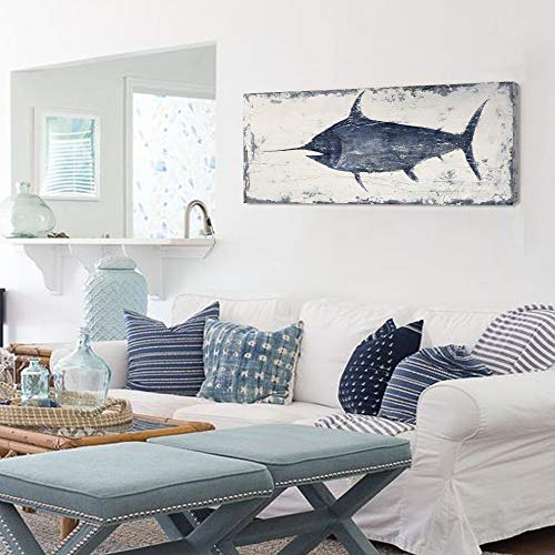 Bedroom Wall Art Ocean Sea Wall Decor Indigo Blue Swordfish Picture Artwork Painting Print Nautical Bathroom Art Pictures Framed Canvas Prints Ready To Hang (Dark Blue, 36Wx12H) #TOP5