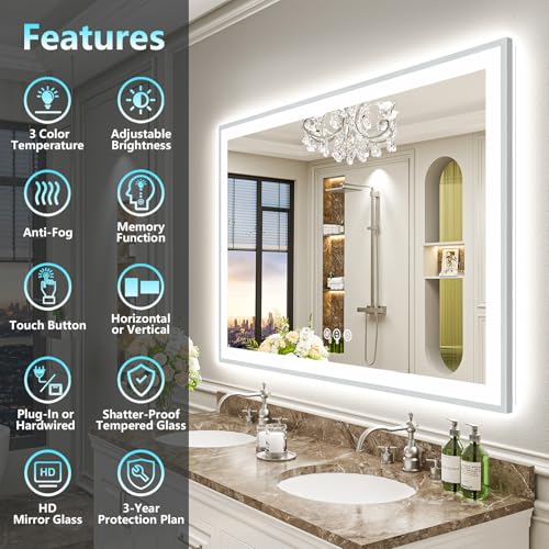 Image of 50x40 Brushed Nickel LED Bathroom Mirror with Lights, Backlit & Front-Lit, Anti-Fog, Framed Lighted Vanity Mirrors for Bathroom Wall, Dimmable, 3 Colors, Memory, Shatter-Proof, Tempered Glass