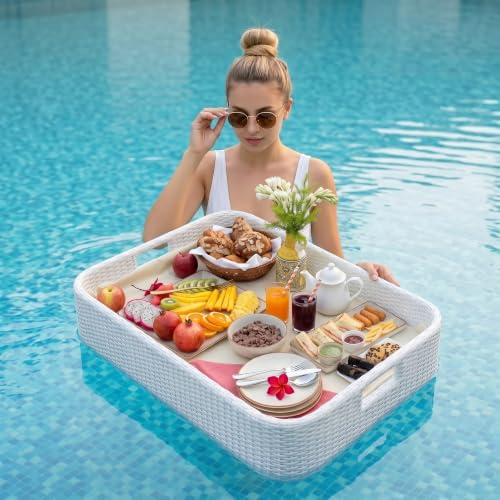 Image of BRISHI Luxury Floating Serving Tray | Swimming Pool Floats for Adults for Sandbars, Spas, Bath, and Parties | Floating Tray for Pool Serving Drinks, Brunch, Food on The Water (White).