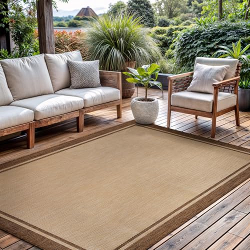 CAMILSON Outdoor Rug 5x7 Bordered Natural Brown Modern Area Rugs