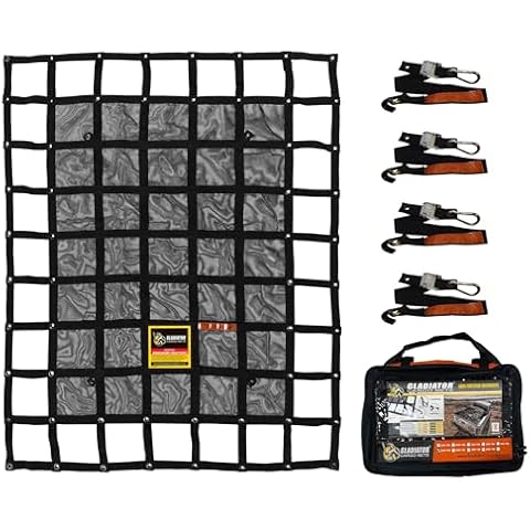 GLADIATOR CARGO NETS - Heavy Duty Cargo Net-(WLL): 1,500 lbs - Truck Accessory - Cargo Carrier - Truck Organizer -Truck Bed Cover-Trailer-Pickup-Boat-Jeep-SUV-5ft Bed (SGN-100) 4.75' x 6' ft. Cover