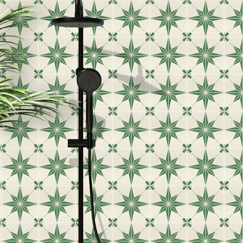 Hode 24 Pieces Green Stick on Tiles, 15x15cm Green Stars Tile Stickers for Kitchen Bathroom, Vinyl Wrap for Wall, Self Adhesive Decal Waterproof（Matt）