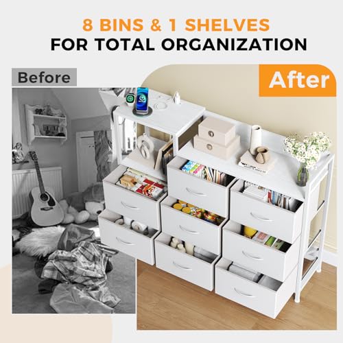 Image of NEWBULIG Dresser TV Stand with 8 Fabric Drawers and 1 Shelf, Wooden Top TV Media Console Table for Up to 45 inch, Entertainment Center with Charging Station for Living Room Bedroom, White