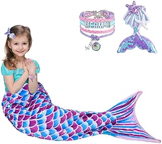 WERNNSAI Mermaid Tail Blanket - Wearable Mermaid Blanket with Sequin Hairpin Bracelet for Girls Teens Purple Blue Soft Flannel Snuggle Blanket 140 x 60cm Gift for Birthday Christmas