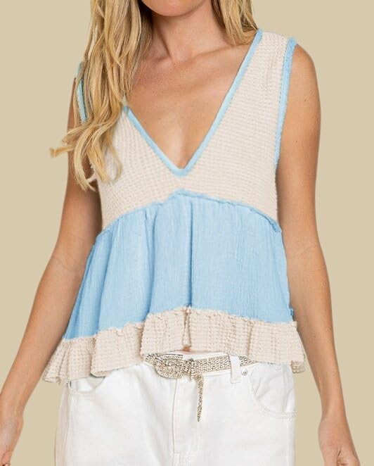 Womens Tank Tops V Neck Waffle Knit Camis Sleeveless Ruffle Hem Crop Top Peplum Blouses Blue - Image 2