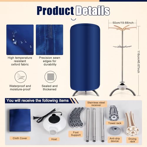 panthem 900W Portable Electric Clothes Dryer - Compact 2-Tier Detachable Heated Rack with Timer, 12KG Capacity, Fast Warm Air Drying for Home, Apartment, RV and Travel, Space Saving Design, Dark Blue - Image 5