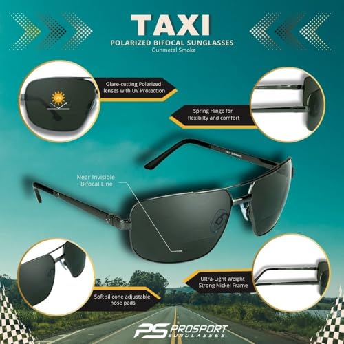 proSPORT Square Aviator Polarized Bifocal Sunglasses Gunmetal Frame Smoke Lens +2.50 for Men. Nearly Invisible Line Readers2
