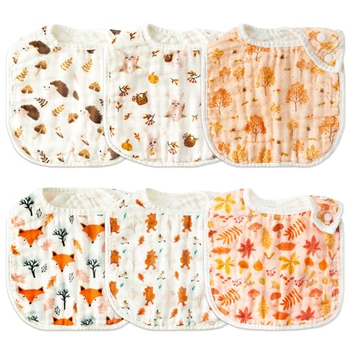 Image of Zainpe 6Pcs Snap Muslin Cotton Baby Bibs Autumn Fall Leaf Fox Pattern Infants Drool Cloths Adjustable Burp Cloth Soft Absorbent Feeding Bib for Newborn Girl Boy Toddler Teething Eating 0 to 36 Months